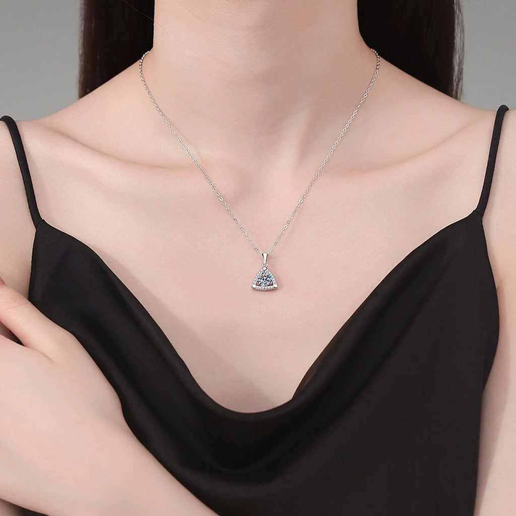 Trillion Halo Moissanite Pendant Necklace in Platinum-Plated S925 Sterling Silver worn on neckline by model