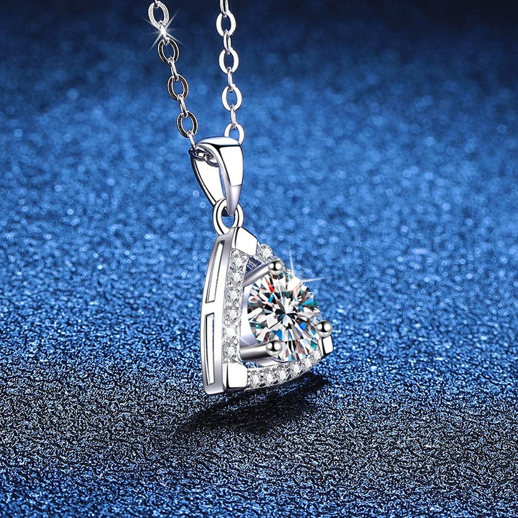 Trillion Halo Moissanite Pendant Necklace in Platinum-Plated S925 Sterling Silver blue background product view