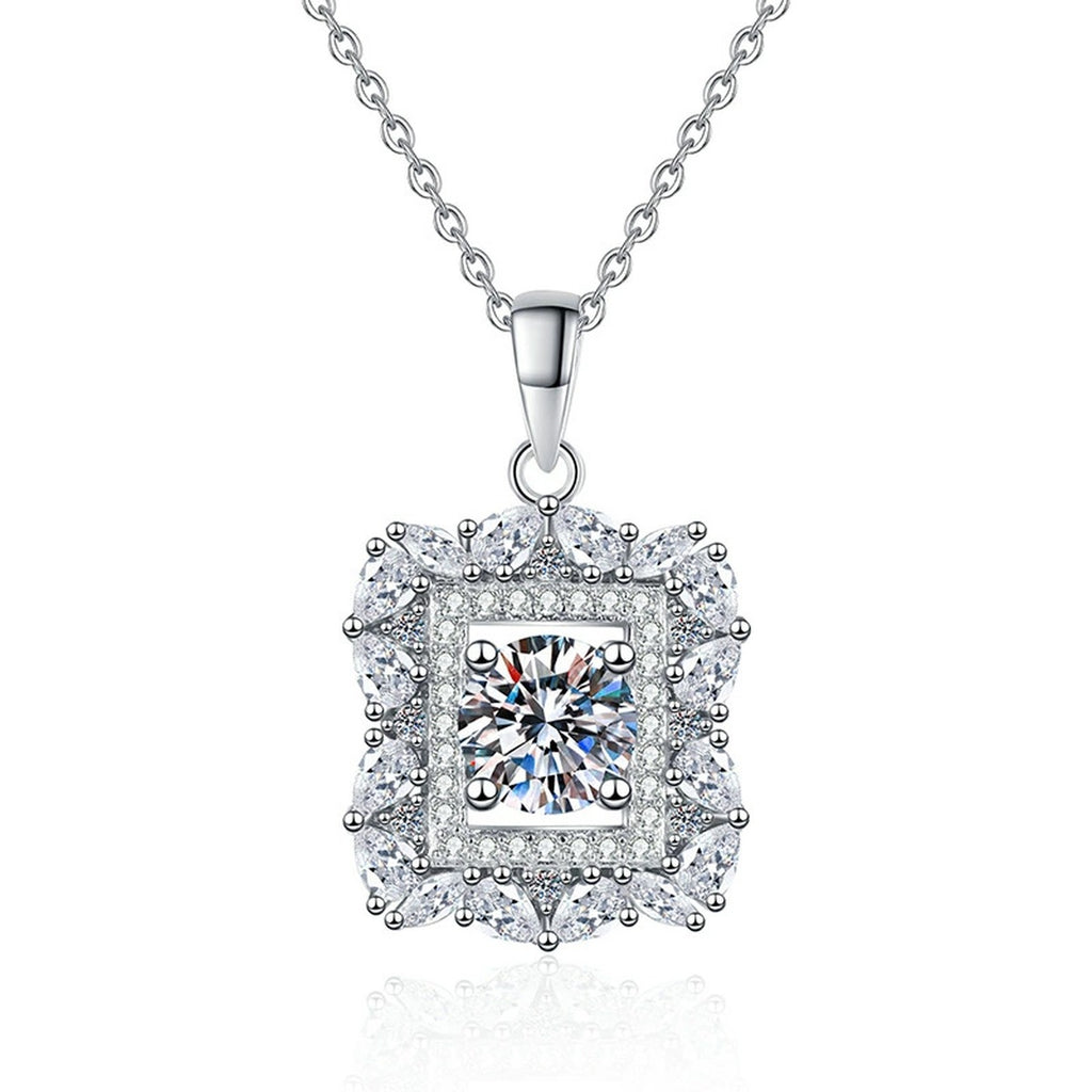 Square Halo Moissanite Pendant Necklace in Platinum-Plated S925 Sterling Silver on clean white background