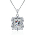 Square Halo Moissanite Pendant Necklace in Platinum-Plated S925 Sterling Silver on clean white background