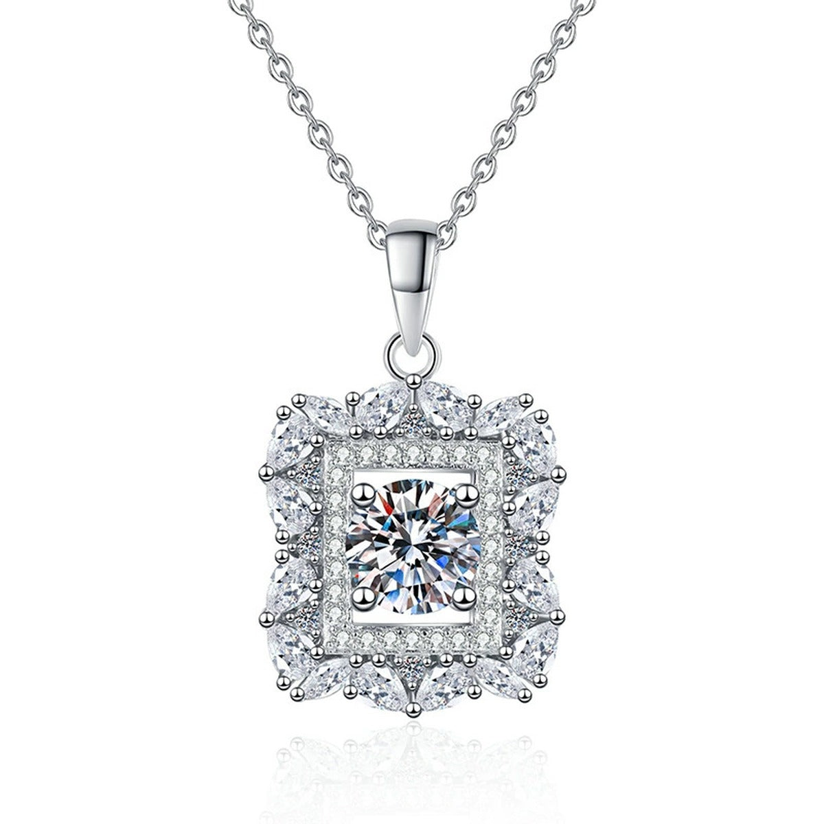 Square Halo Moissanite Pendant Necklace in Platinum-Plated S925 Sterling Silver on clean white background