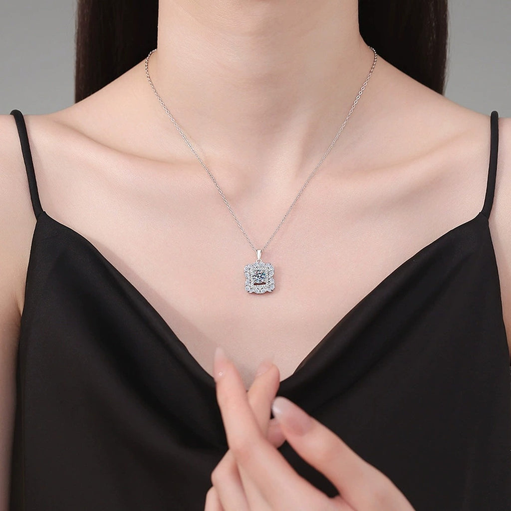 Square Halo Moissanite Pendant Necklace in Platinum-Plated S925 Sterling Silver worn on neckline by model
