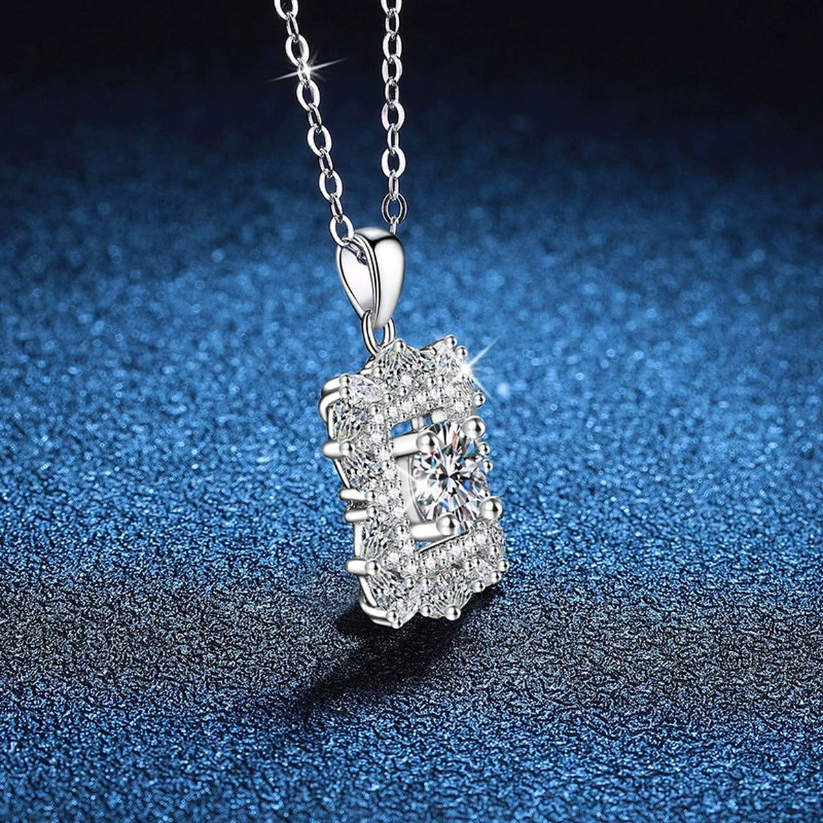 Square Halo Moissanite Pendant Necklace in Platinum-Plated S925 Sterling Silver blue background product view