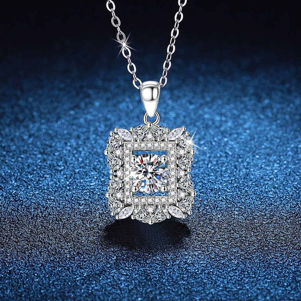 Square Halo Moissanite Pendant Necklace in Platinum-Plated S925 Sterling Silver blue background close-up view