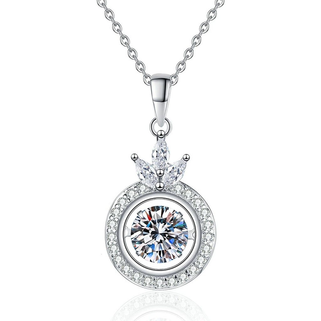 Crown Round Halo Moissanite Pendant Necklace in Platinum-Plated S925 Sterling Silver on clean white background