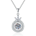 Crown Round Halo Moissanite Pendant Necklace in Platinum-Plated S925 Sterling Silver on clean white background