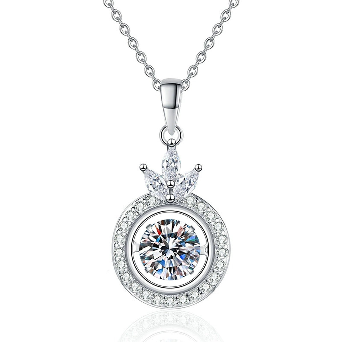 Crown Round Halo Moissanite Pendant Necklace in Platinum-Plated S925 Sterling Silver on clean white background