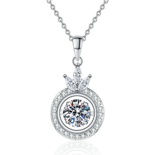 Crown Round Halo Moissanite Pendant Necklace in Platinum-Plated S925 Sterling Silver on clean white background