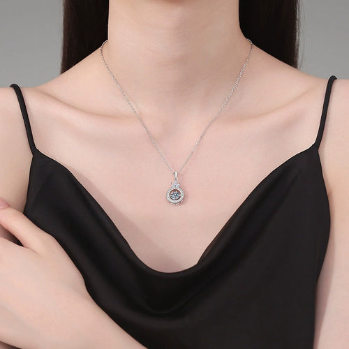 Crown Round Halo Moissanite Pendant Necklace in Platinum-Plated S925 Sterling Silver worn on neckline by model