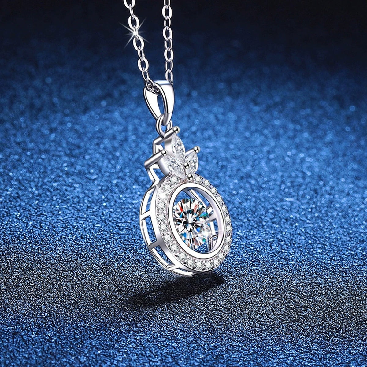 Crown Round Halo Moissanite Pendant Necklace in Platinum-Plated S925 Sterling Silver blue background product view