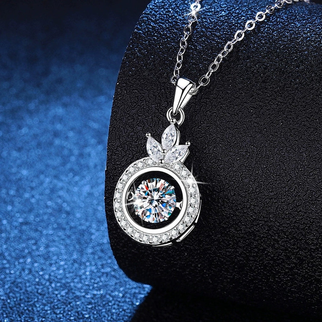 Crown Round Halo Moissanite Pendant Necklace in Platinum-Plated S925 Sterling Silver blue background close-up view