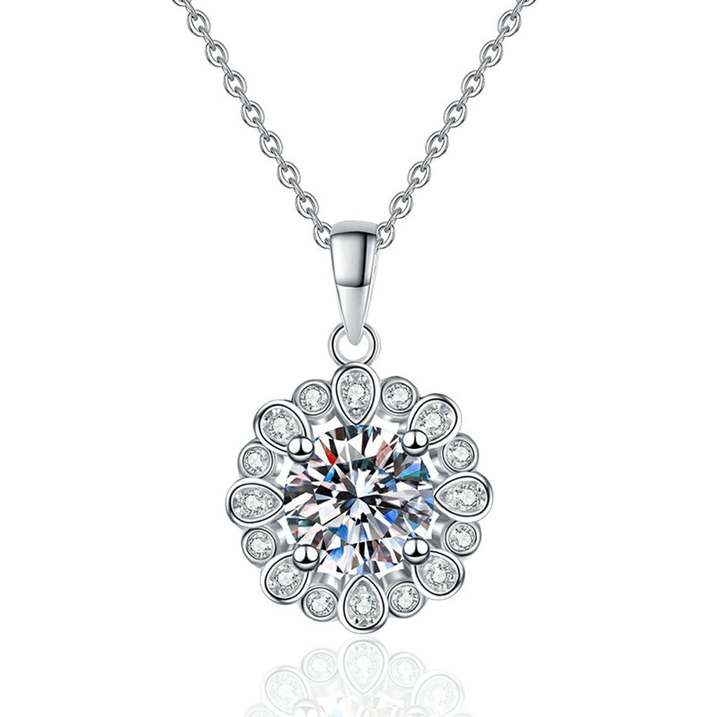 Round Cluster Halo Moissanite Pendant Necklace in Platinum-Plated S925 Sterling Silver on clean white background