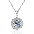 Round Cluster Halo Moissanite Pendant Necklace in Platinum-Plated S925 Sterling Silver on clean white background
