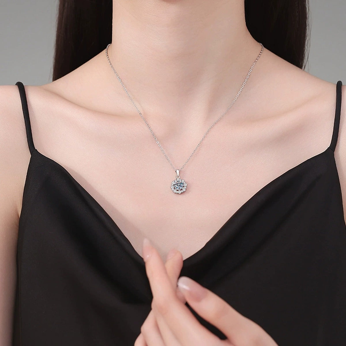 Round Cluster Halo Moissanite Pendant Necklace in Platinum-Plated S925 Sterling Silver worn on neckline by model