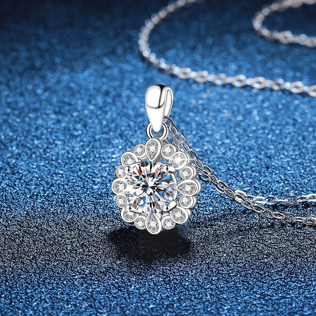 Round Cluster Halo Moissanite Pendant Necklace in Platinum-Plated S925 Sterling Silver blue background product view