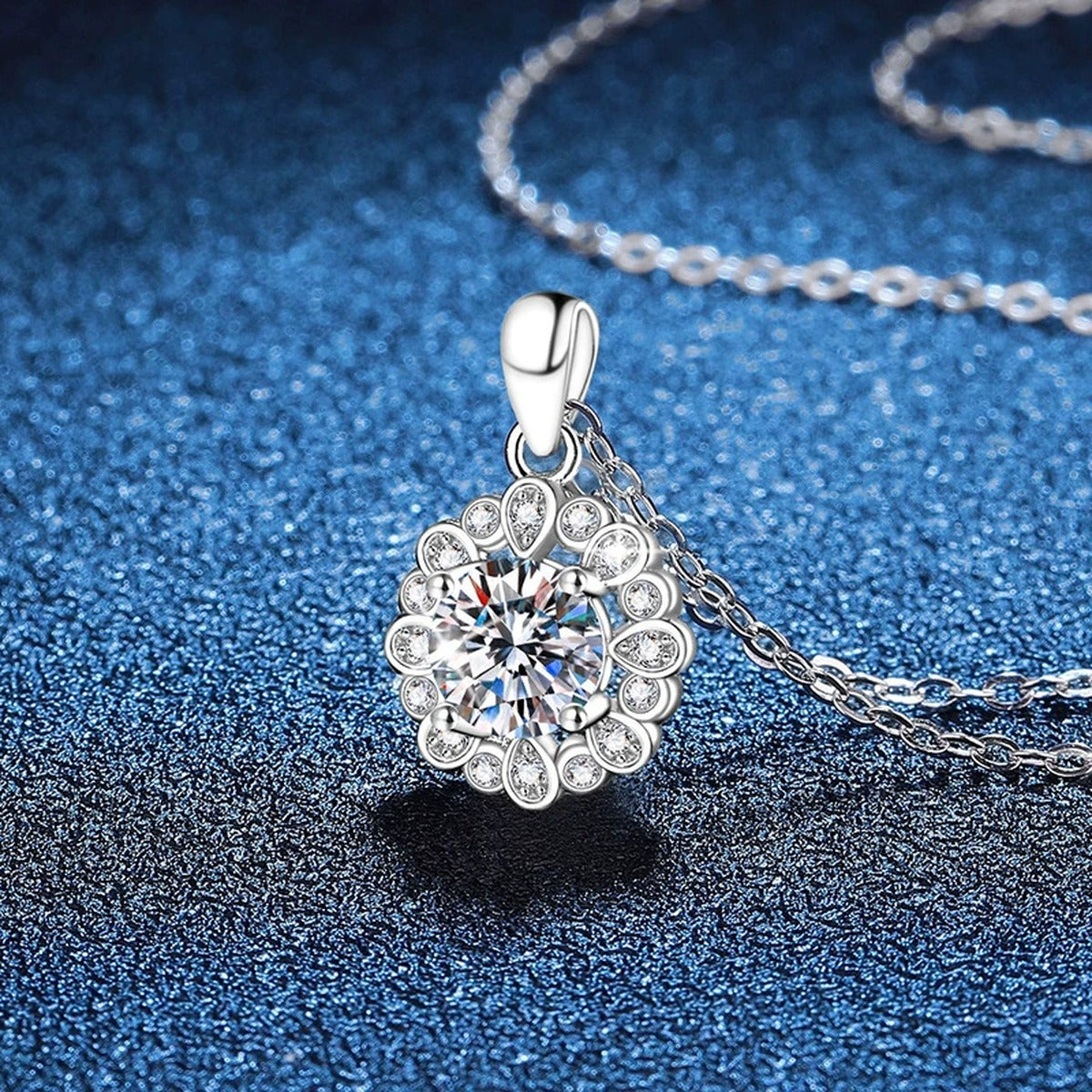 Round Cluster Halo Moissanite Pendant Necklace in Platinum-Plated S925 Sterling Silver blue background product view
