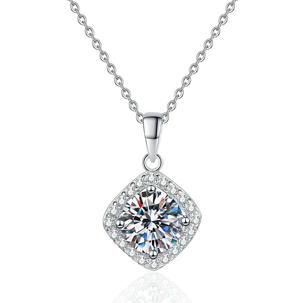 Kite Halo Moissanite Pendant Necklace in Platinum-Plated S925 Sterling Silver on clean white background