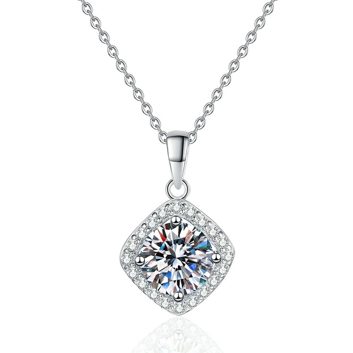 Kite Halo Moissanite Pendant Necklace in Platinum-Plated S925 Sterling Silver on clean white background
