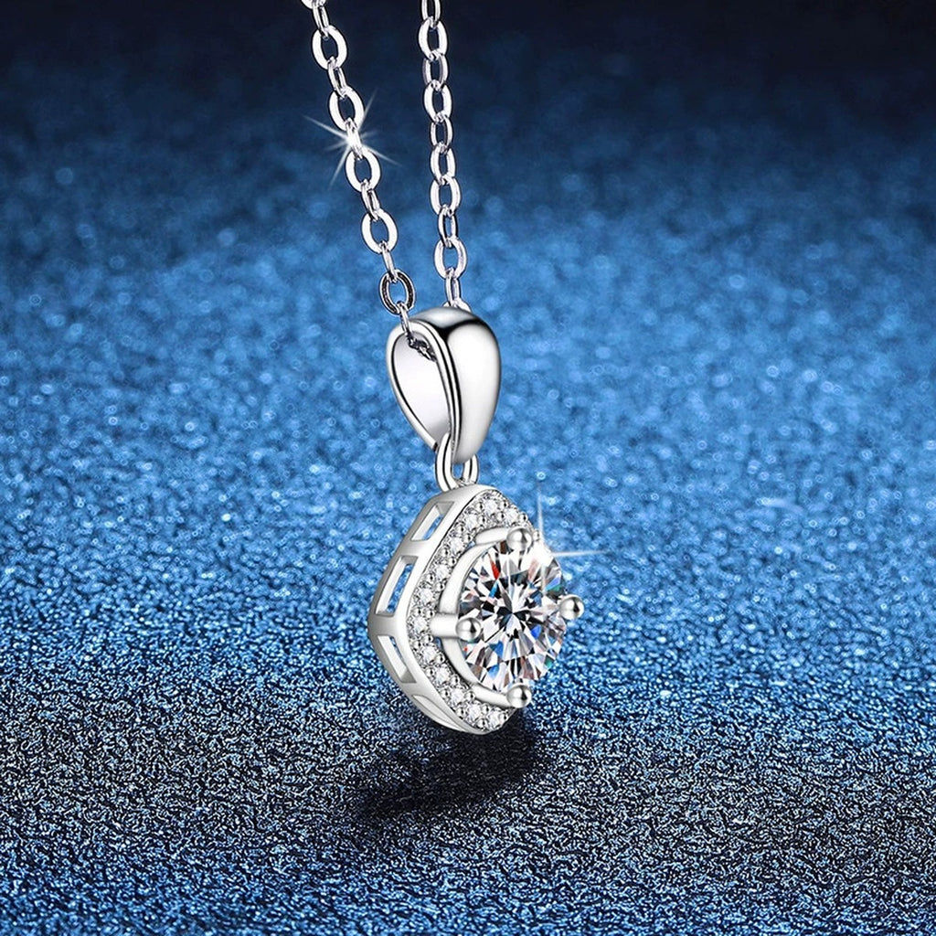 Kite Halo Moissanite Pendant Necklace in Platinum-Plated S925 Sterling Silver blue background product view