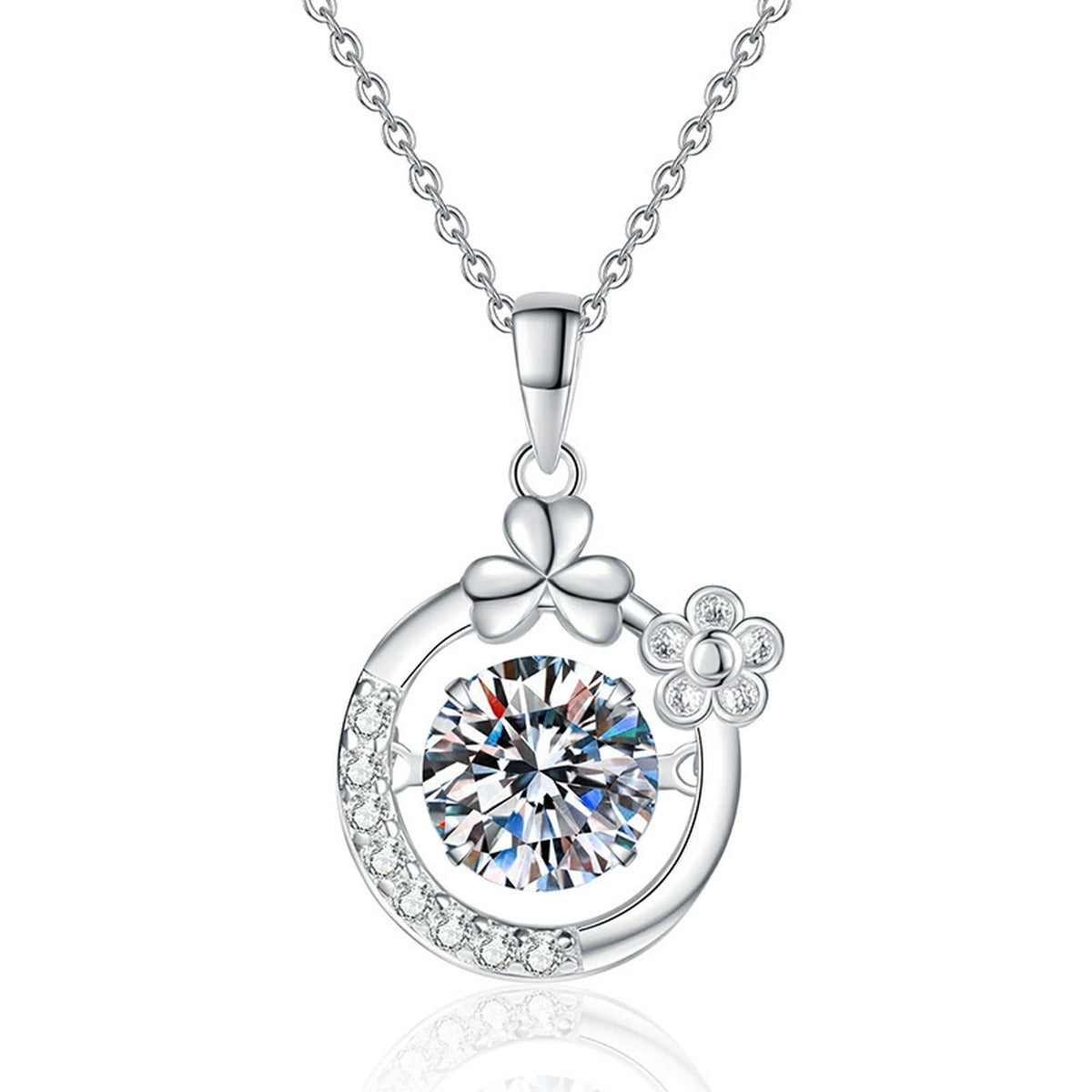 Floral Crescent Moissanite Pendant Necklace in Platinum-Plated S925 Sterling Silver on clean white background