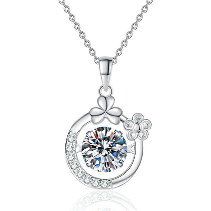 Floral Crescent Moissanite Pendant Necklace in Platinum-Plated S925 Sterling Silver on clean white background