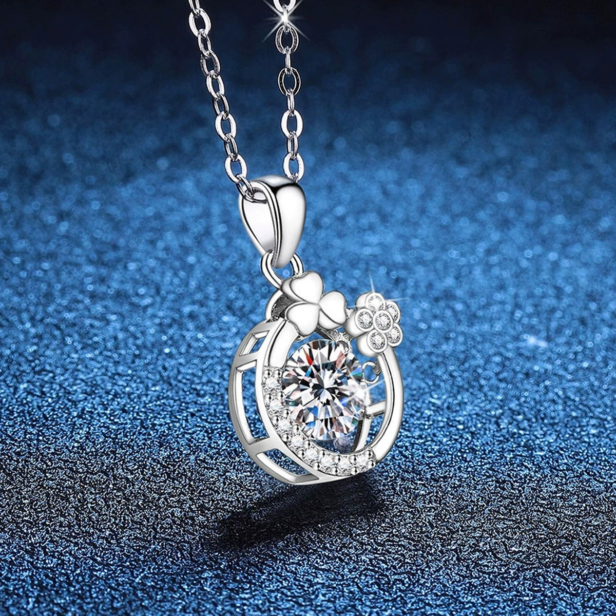Floral Crescent Moissanite Pendant Necklace in Platinum-Plated S925 Sterling Silver blue background product view