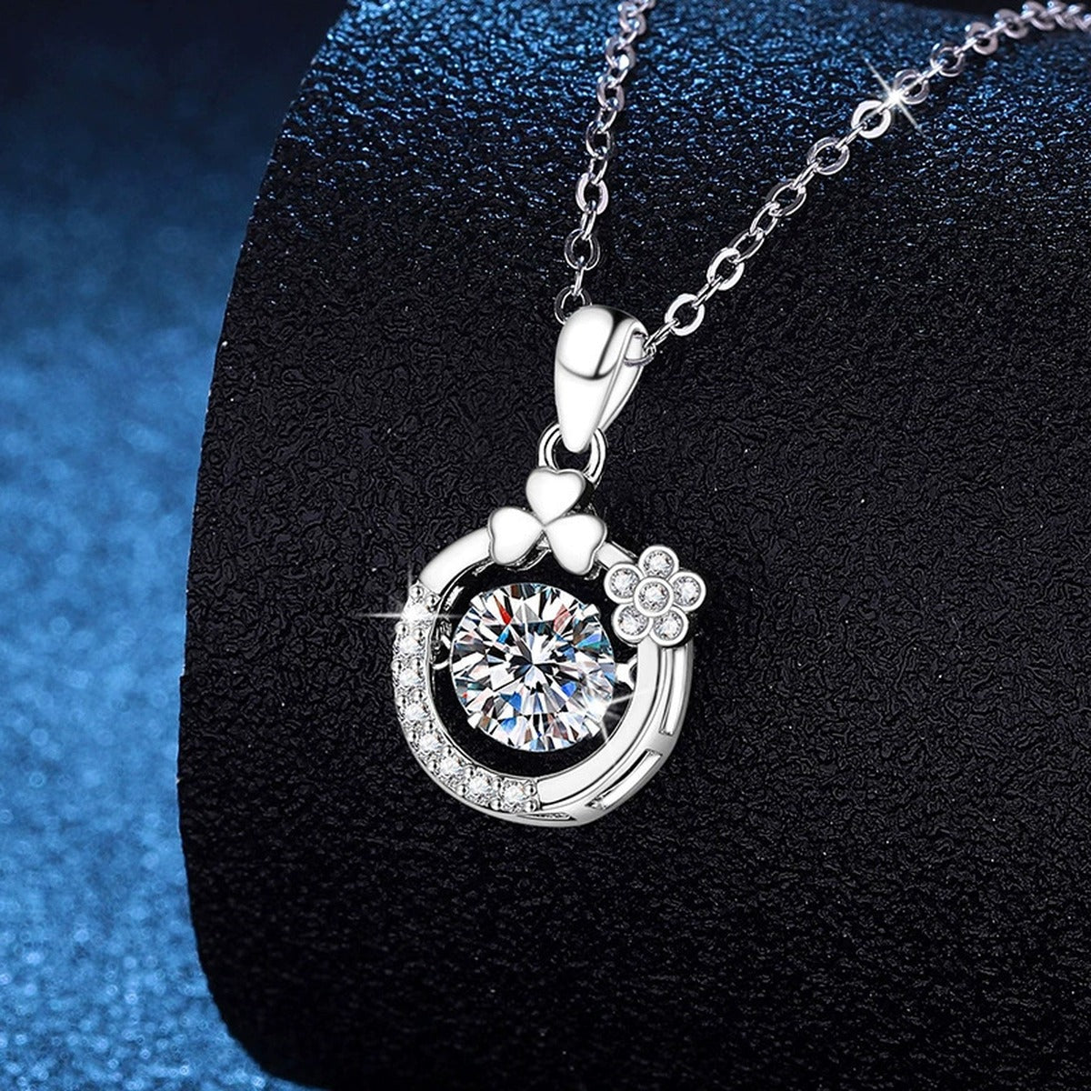 Floral Crescent Moissanite Pendant Necklace in Platinum-Plated S925 Sterling Silver dark background product display view