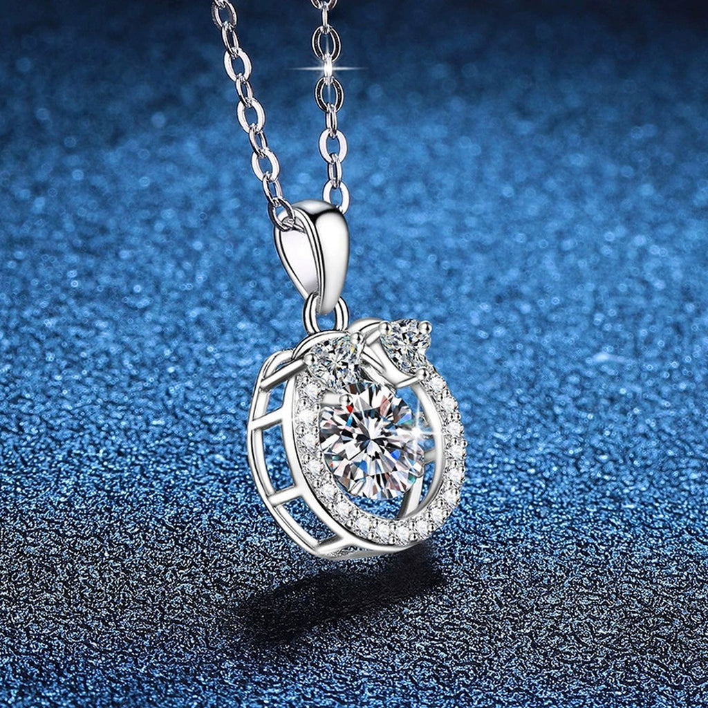Oval Halo Moissanite Pendant Necklace in Platinum-Plated S925 Sterling Silver blue background product view