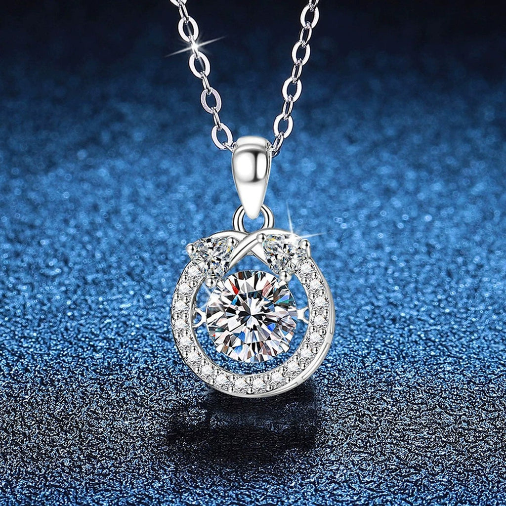 Oval Halo Moissanite Pendant Necklace in Platinum-Plated S925 Sterling Silver blue background angled view