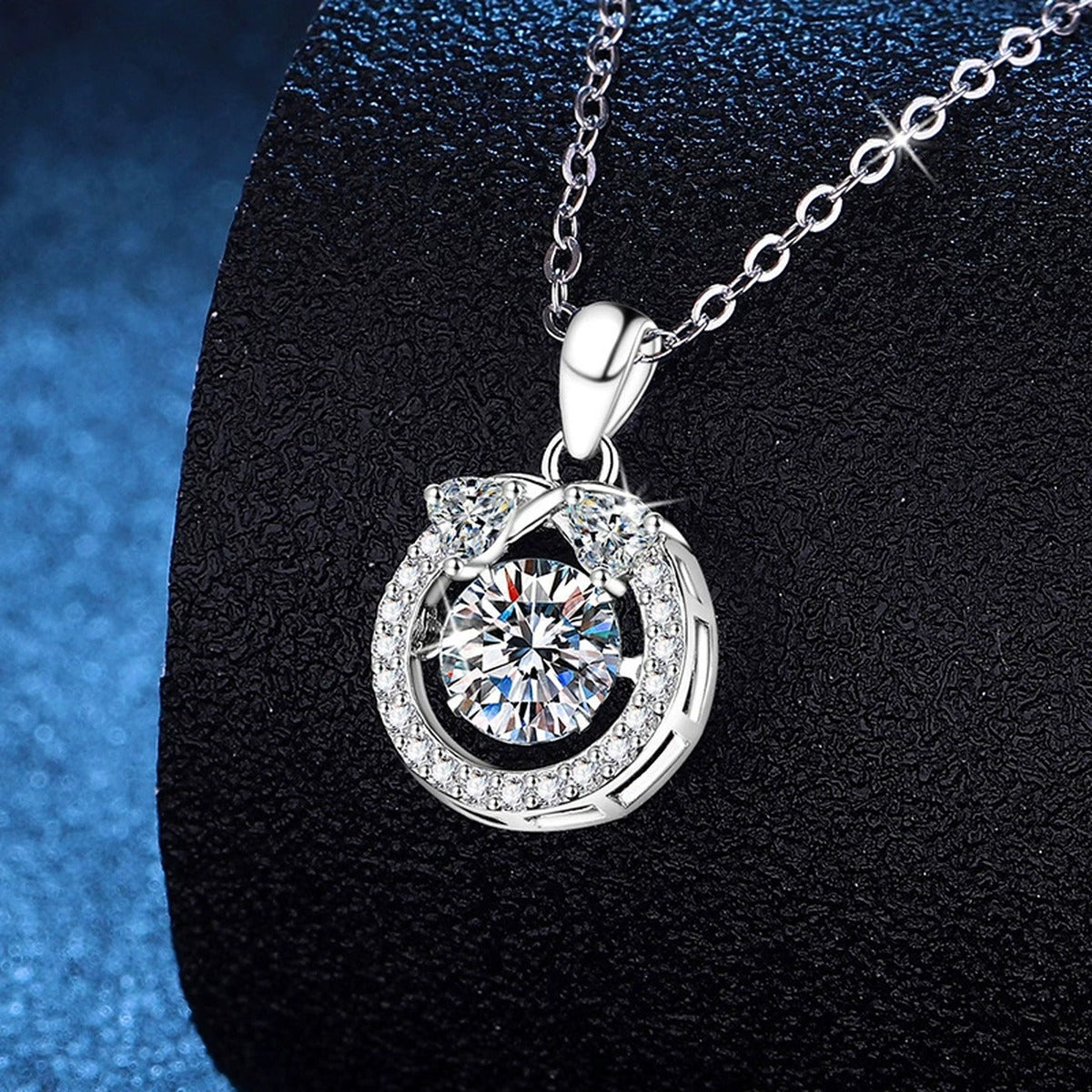 Oval Halo Moissanite Pendant Necklace in Platinum-Plated S925 Sterling Silver dark background product display view