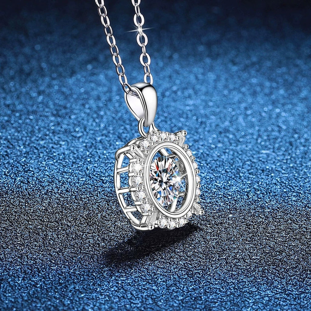 Starburst Frame Halo Moissanite Pendant Necklace in Platinum-Plated S925 Sterling Silver blue background product view