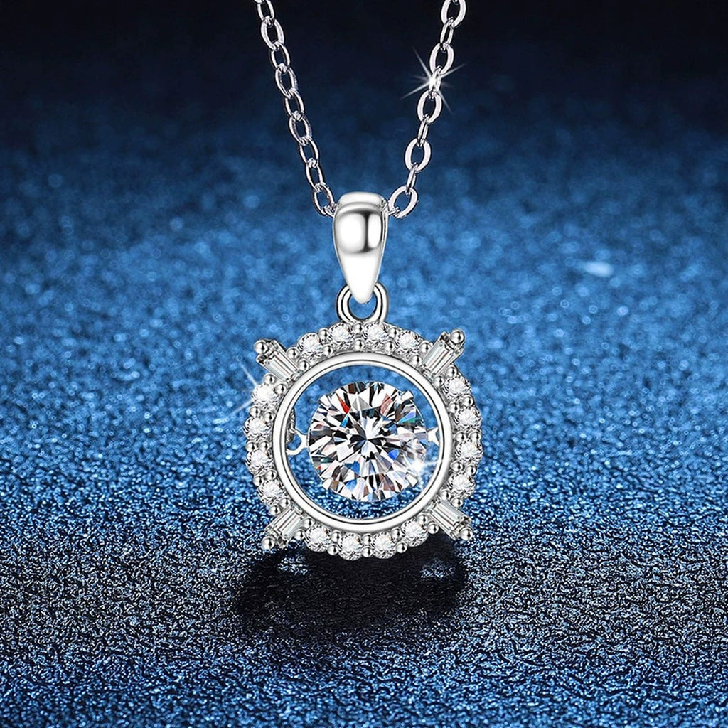 Starburst Frame Halo Moissanite Pendant Necklace in Platinum-Plated S925 Sterling Silver blue background angled view