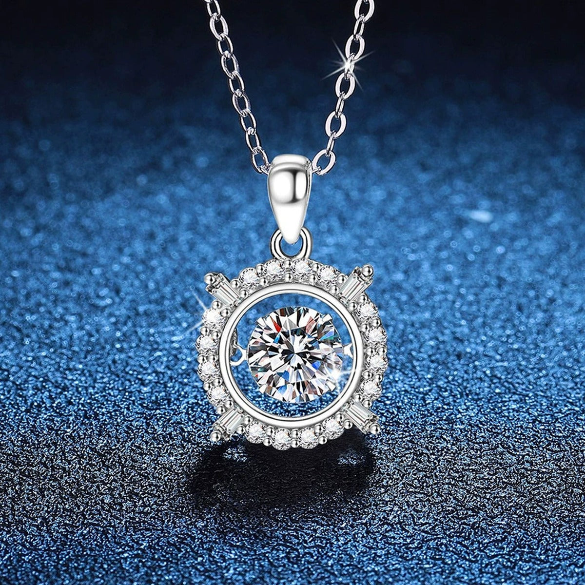 Starburst Frame Halo Moissanite Pendant Necklace in Platinum-Plated S925 Sterling Silver blue background angled view