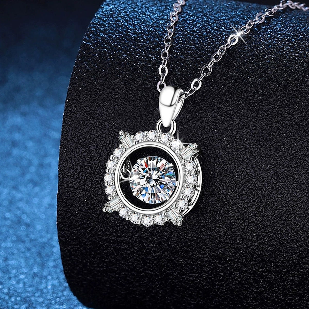 Starburst Frame Halo Moissanite Pendant Necklace in Platinum-Plated S925 Sterling Silver dark background product display view