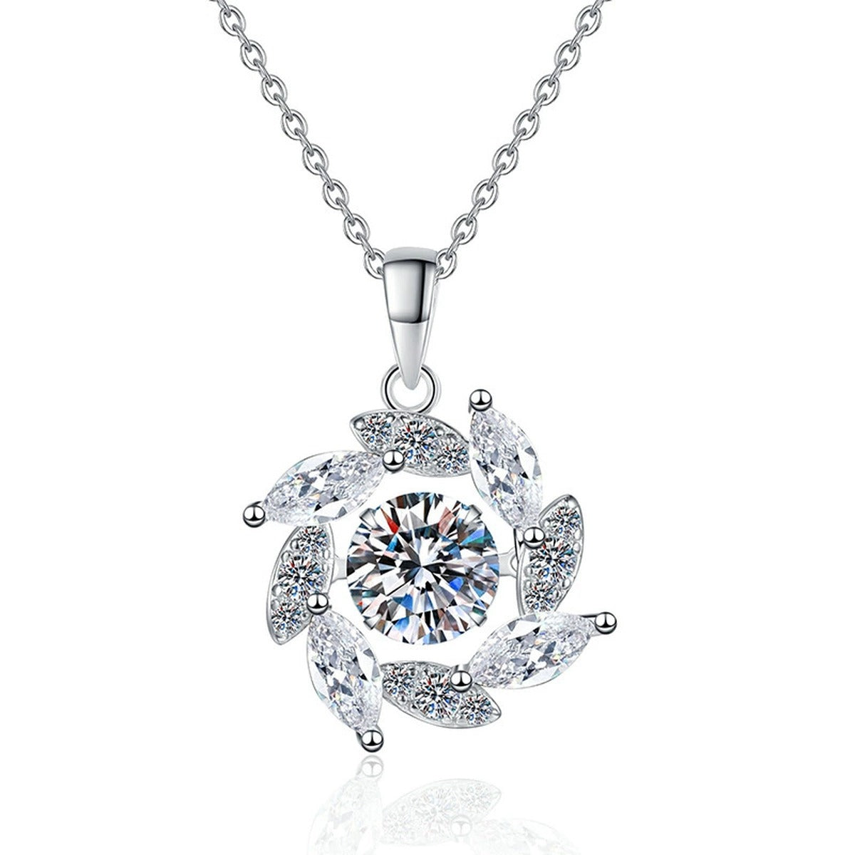 Swirl Marquise Halo Moissanite Pendant Necklace in Platinum-Plated S925 Sterling Silver on clean white background