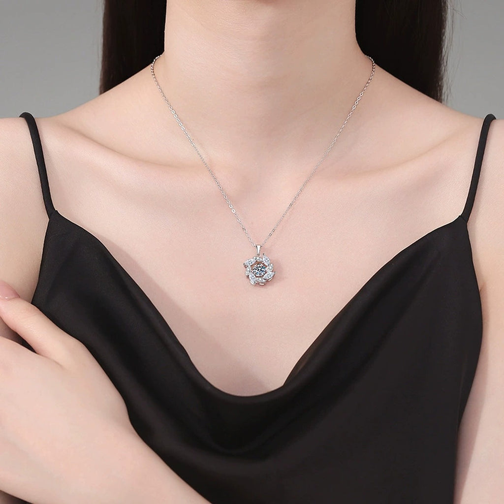 Swirl Marquise Halo Moissanite Pendant Necklace in Platinum-Plated S925 Sterling Silver worn on neckline by model