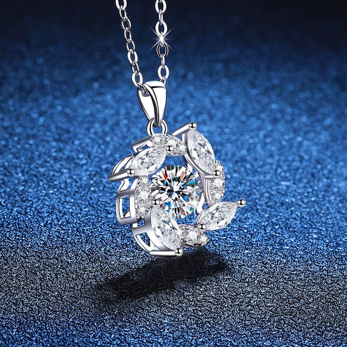 Swirl Marquise Halo Moissanite Pendant Necklace in Platinum-Plated S925 Sterling Silver blue background product view