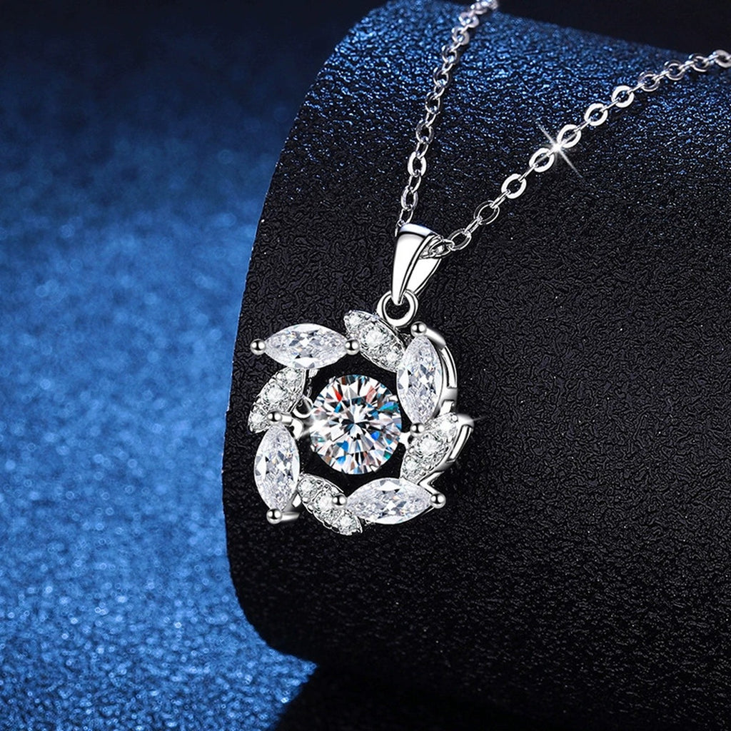Swirl Marquise Halo Moissanite Pendant Necklace in Platinum-Plated S925 Sterling Silver blue background close-up view