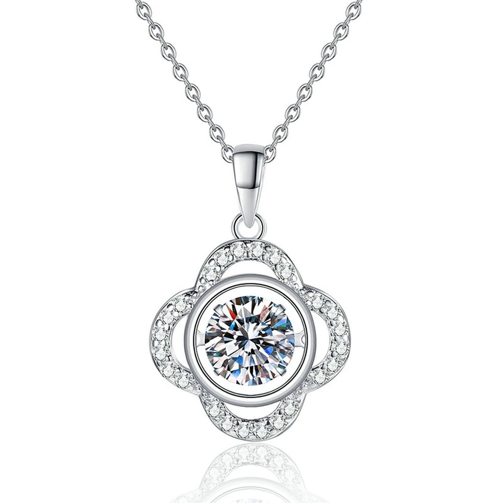 Quatrefoil Halo Moissanite Pendant Necklace in Platinum-Plated S925 Sterling Silver on clean white background