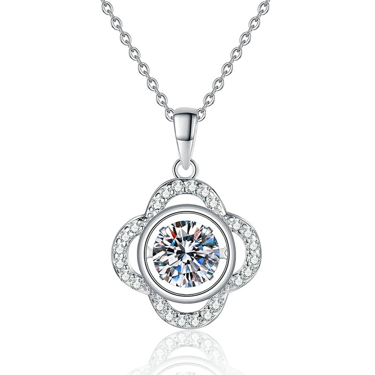 Quatrefoil Halo Moissanite Pendant Necklace in Platinum-Plated S925 Sterling Silver on clean white background