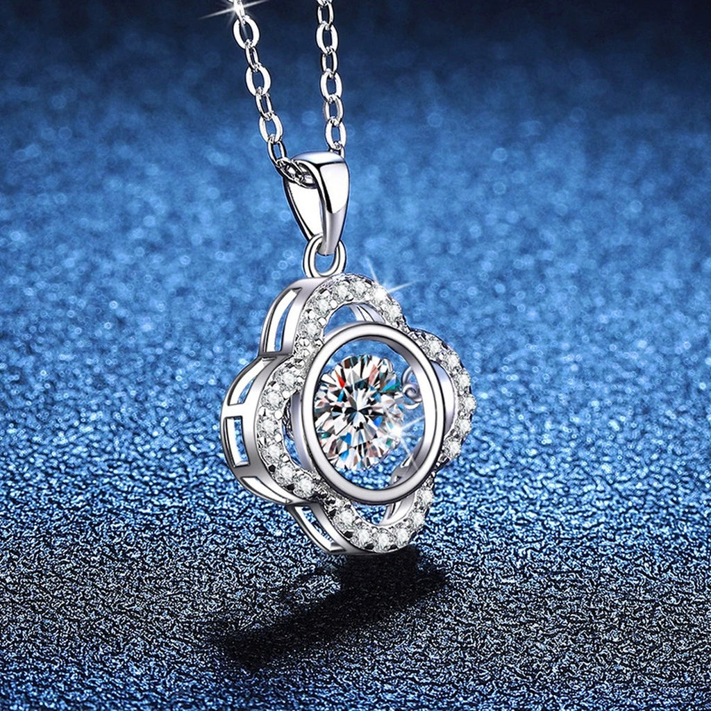 Quatrefoil Halo Moissanite Pendant Necklace in Platinum-Plated S925 Sterling Silver blue background product view
