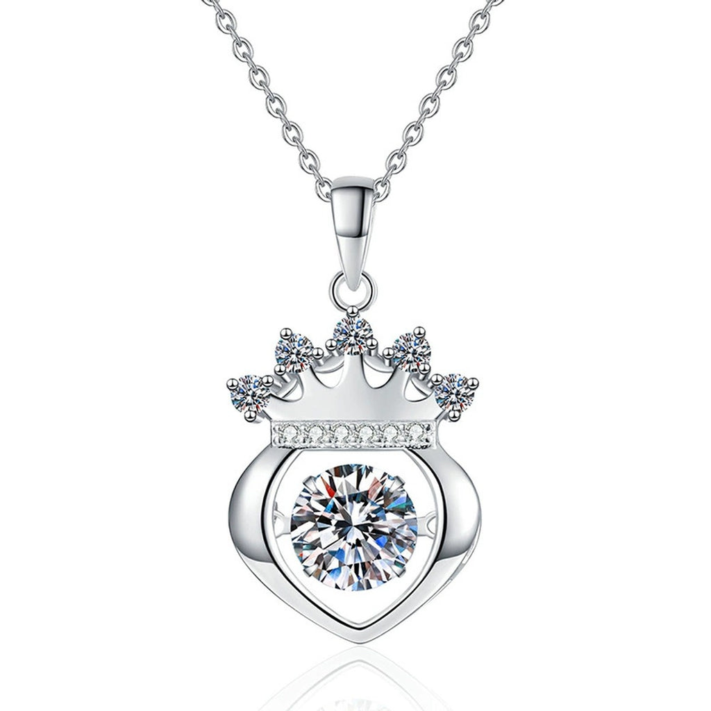 Crown Heart Moissanite Pendant Necklace in Platinum-Plated S925 Sterling Silver on clean white background