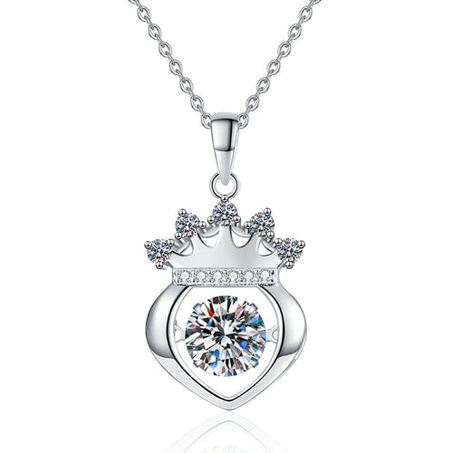 Crown Heart Moissanite Pendant Necklace in Platinum-Plated S925 Sterling Silver on clean white background