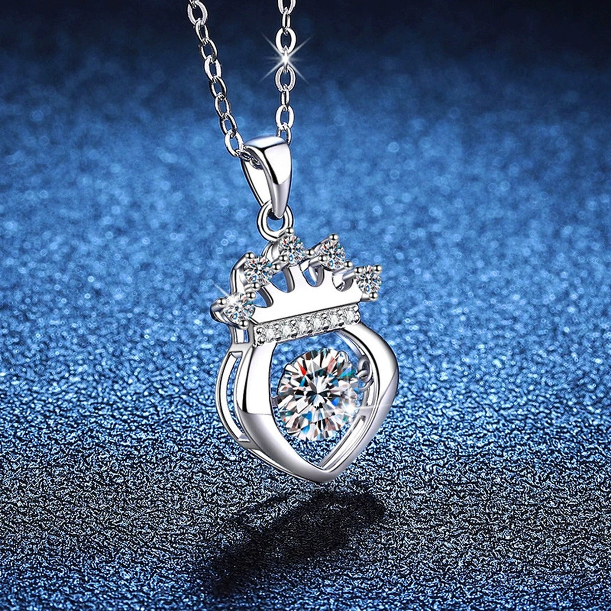 Crown Heart Moissanite Pendant Necklace in Platinum-Plated S925 Sterling Silver blue background product view