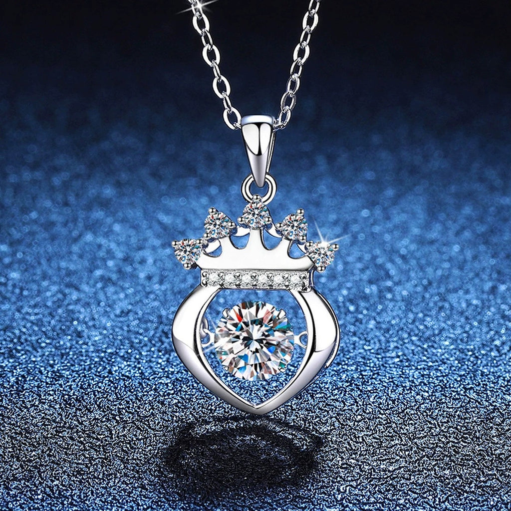 Crown Heart Moissanite Pendant Necklace in Platinum-Plated S925 Sterling Silver blue background close-up view