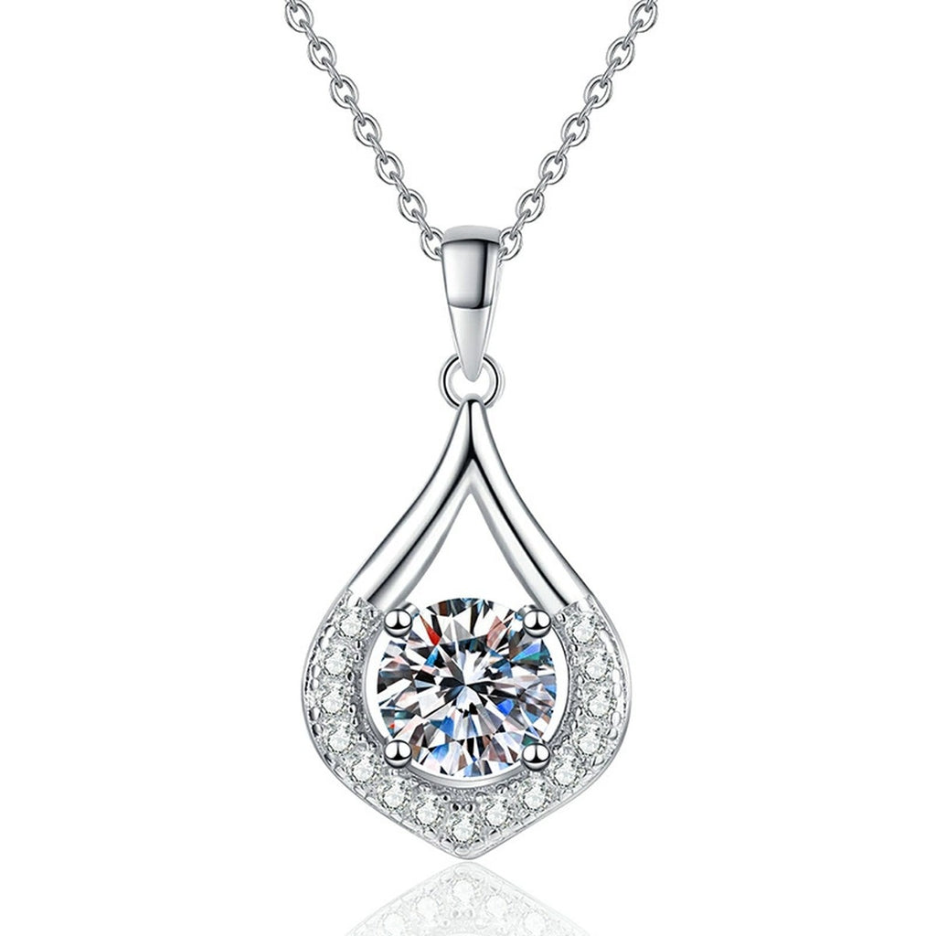 Teardrop Halo Moissanite Pendant Necklace in Platinum-Plated S925 Sterling Silver on clean white background
