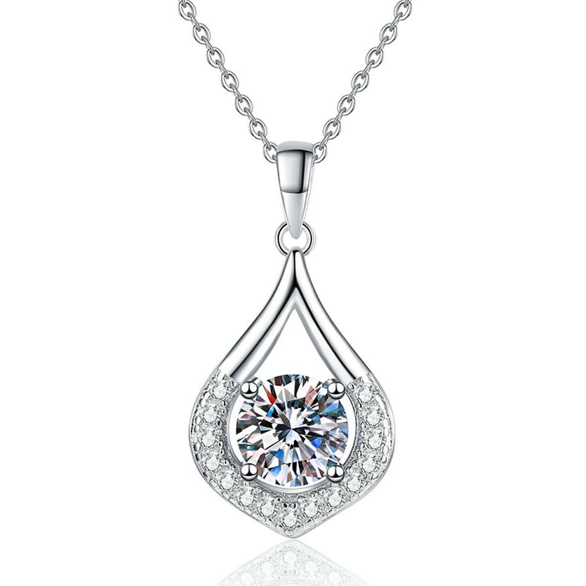 Teardrop Halo Moissanite Pendant Necklace in Platinum-Plated S925 Sterling Silver on clean white background