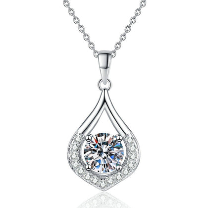 Teardrop Halo Moissanite Pendant Necklace in Platinum-Plated S925 Sterling Silver on clean white background