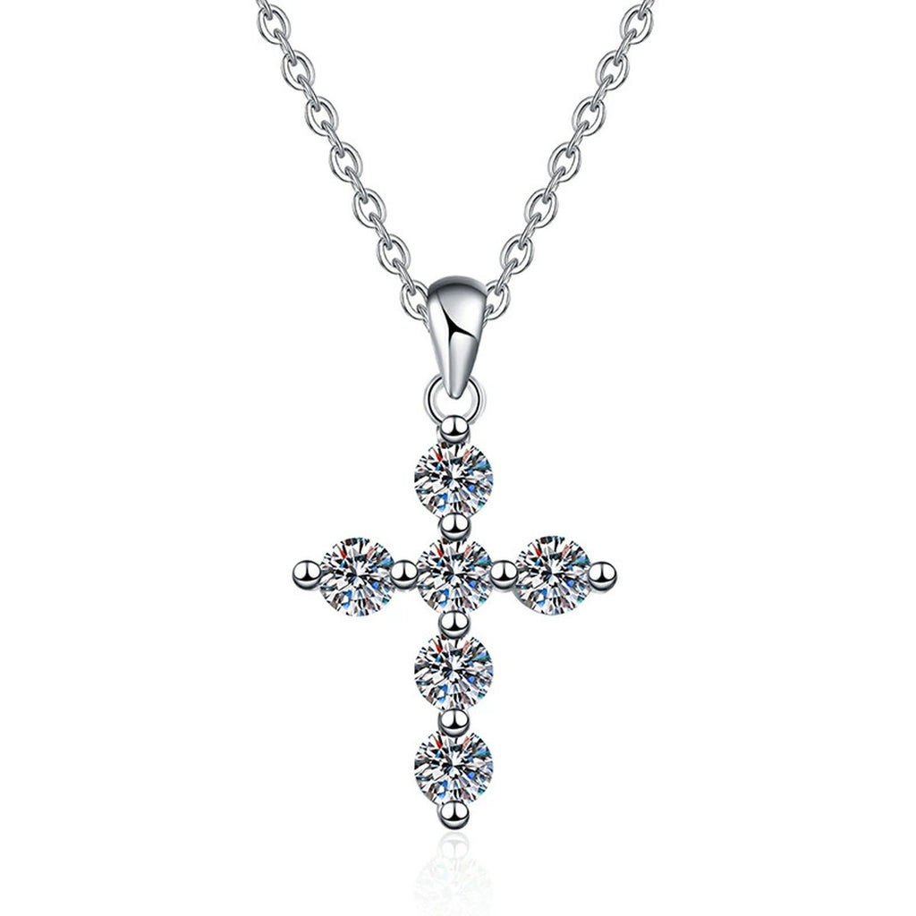 Multi-Stone Cross Moissanite Pendant Necklace in Platinum-Plated S925 Sterling Silver on clean white background