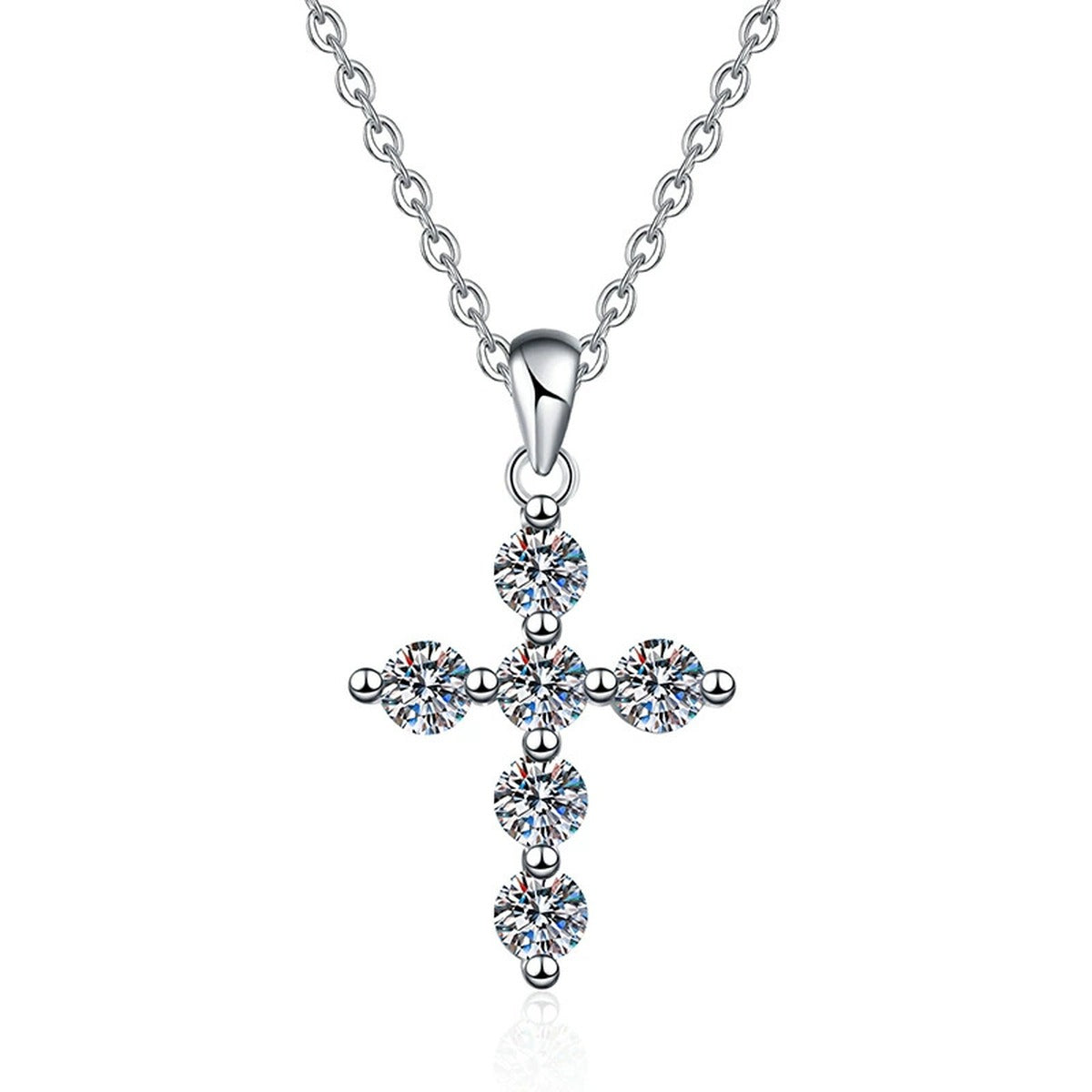 Multi-Stone Cross Moissanite Pendant Necklace in Platinum-Plated S925 Sterling Silver on clean white background